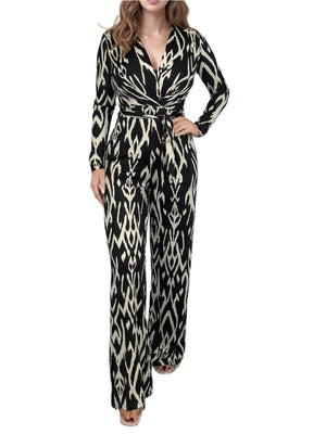 Leopard Tie Waist Long Sleeve Jumpsuit Plus Size