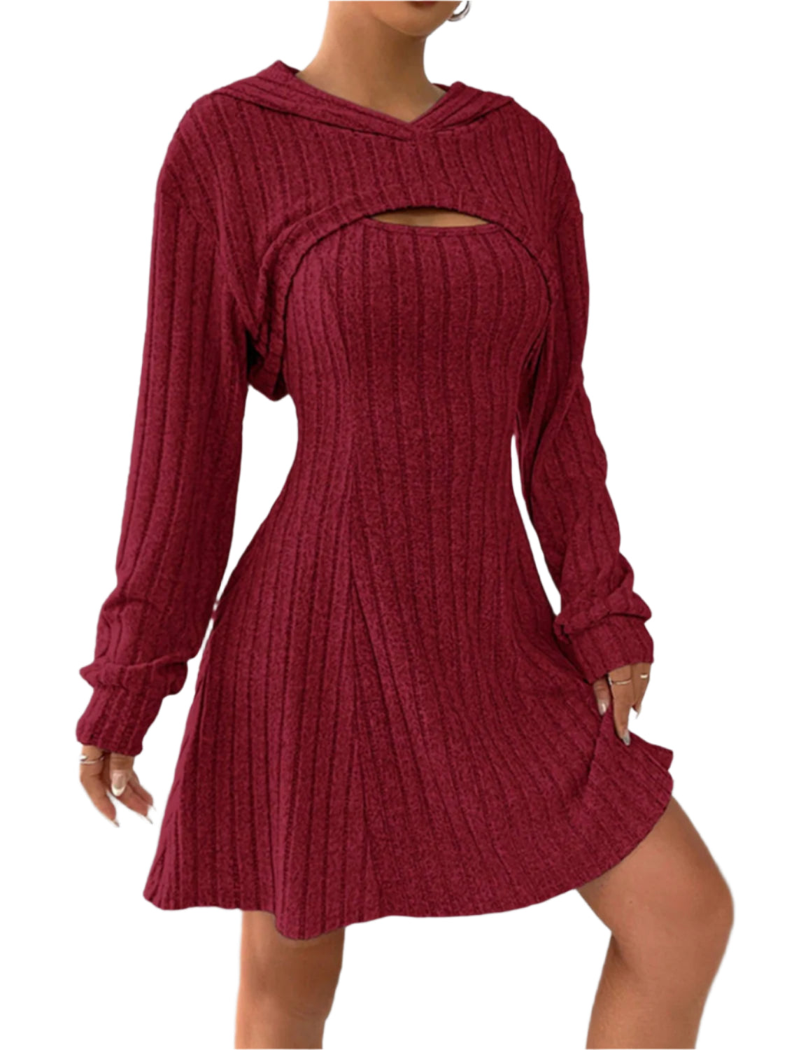 Wide Strap Dress and Long Sleeve Hooded Top Set