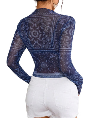 Paisley Mock Neck Long Sleeve Sheer Top