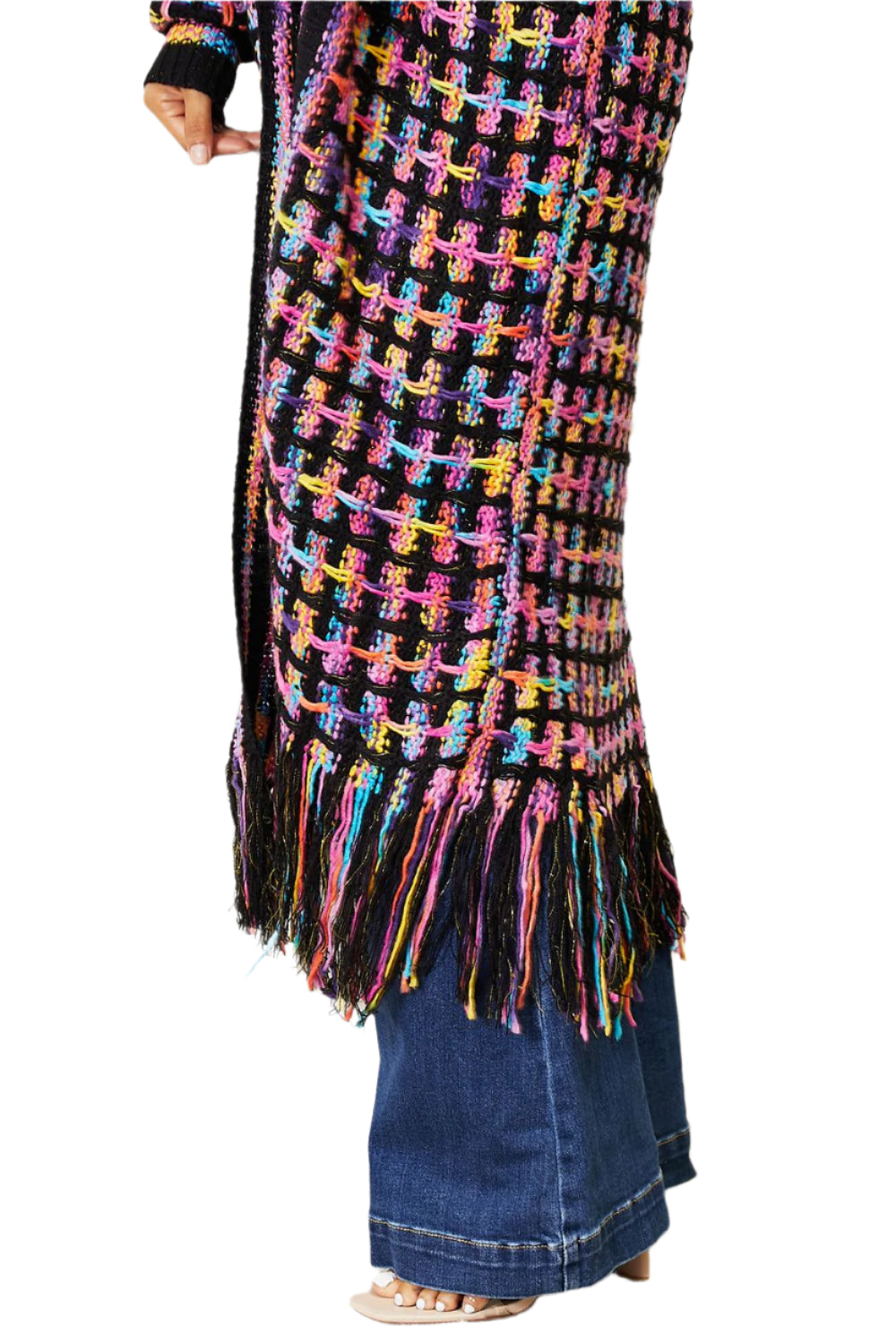 Multicolored Open Front Fringe Hem Cardigan