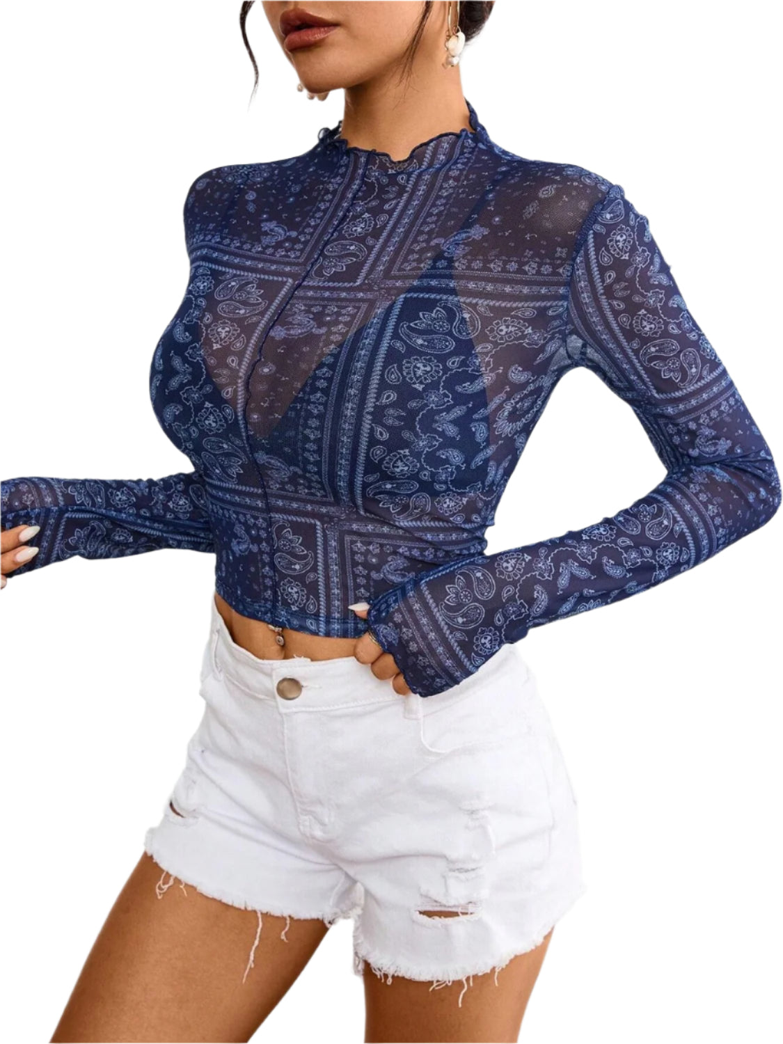 Paisley Mock Neck Long Sleeve Sheer Top