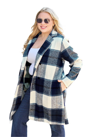 Full Size Plaid Button Up Lapel Collar Coat