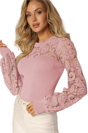 Lace Patchwork Round Neck Long Sleeve Blouse