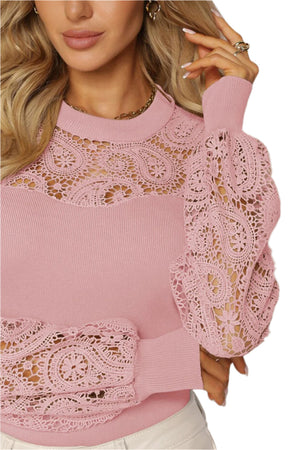 Lace Patchwork Round Neck Long Sleeve Blouse