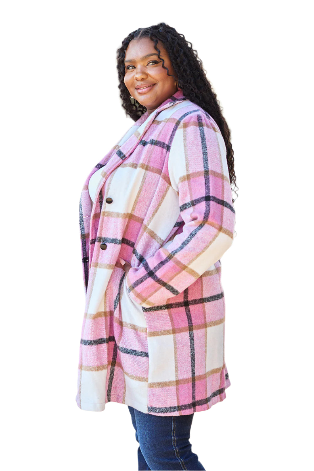 Full Size Plaid Button Up Lapel Collar Coat