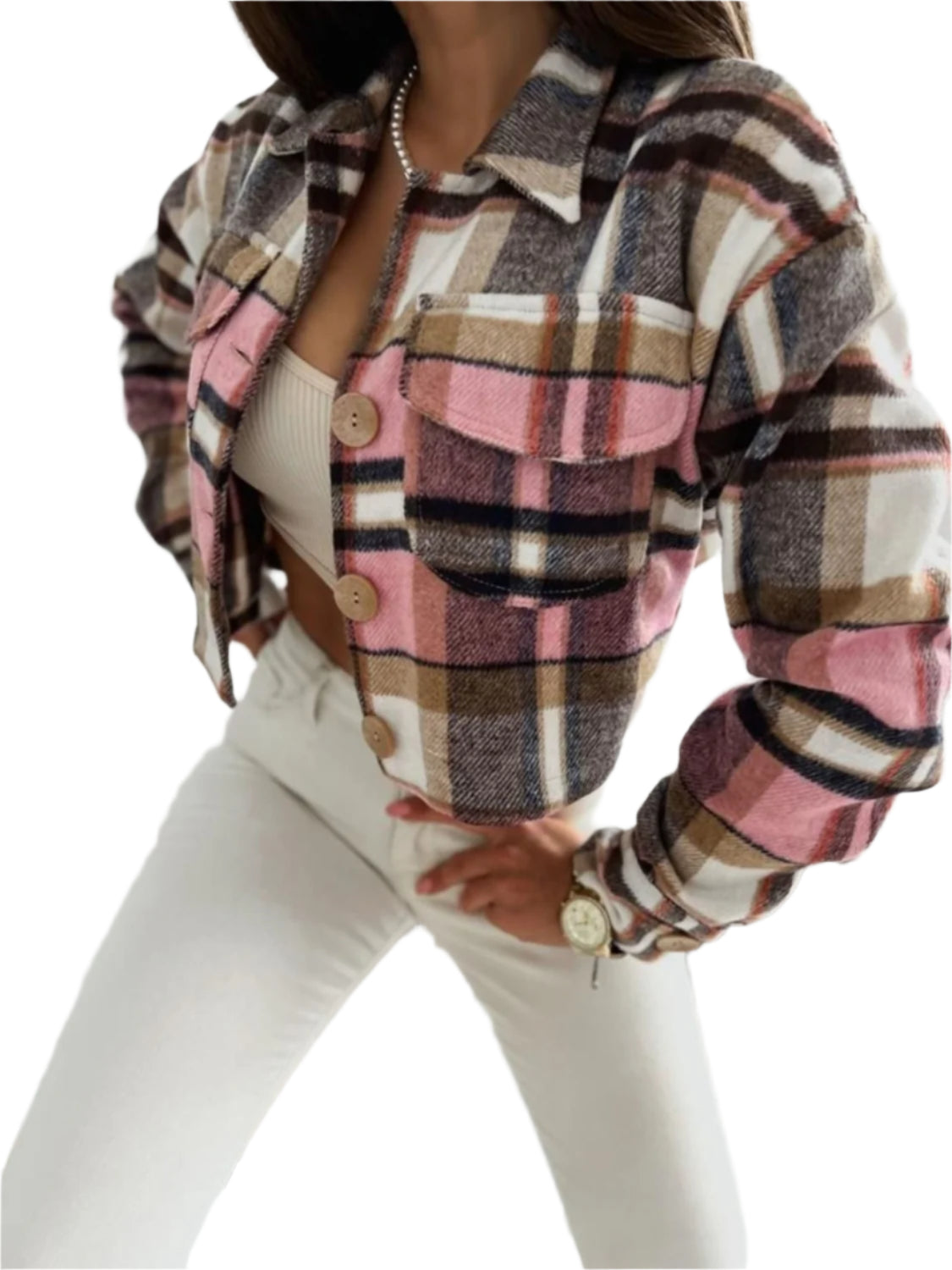 Pocketed Collared Neck Long Sleeve Plaid Jacket