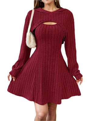 Wide Strap Dress and Long Sleeve Hooded Top Set