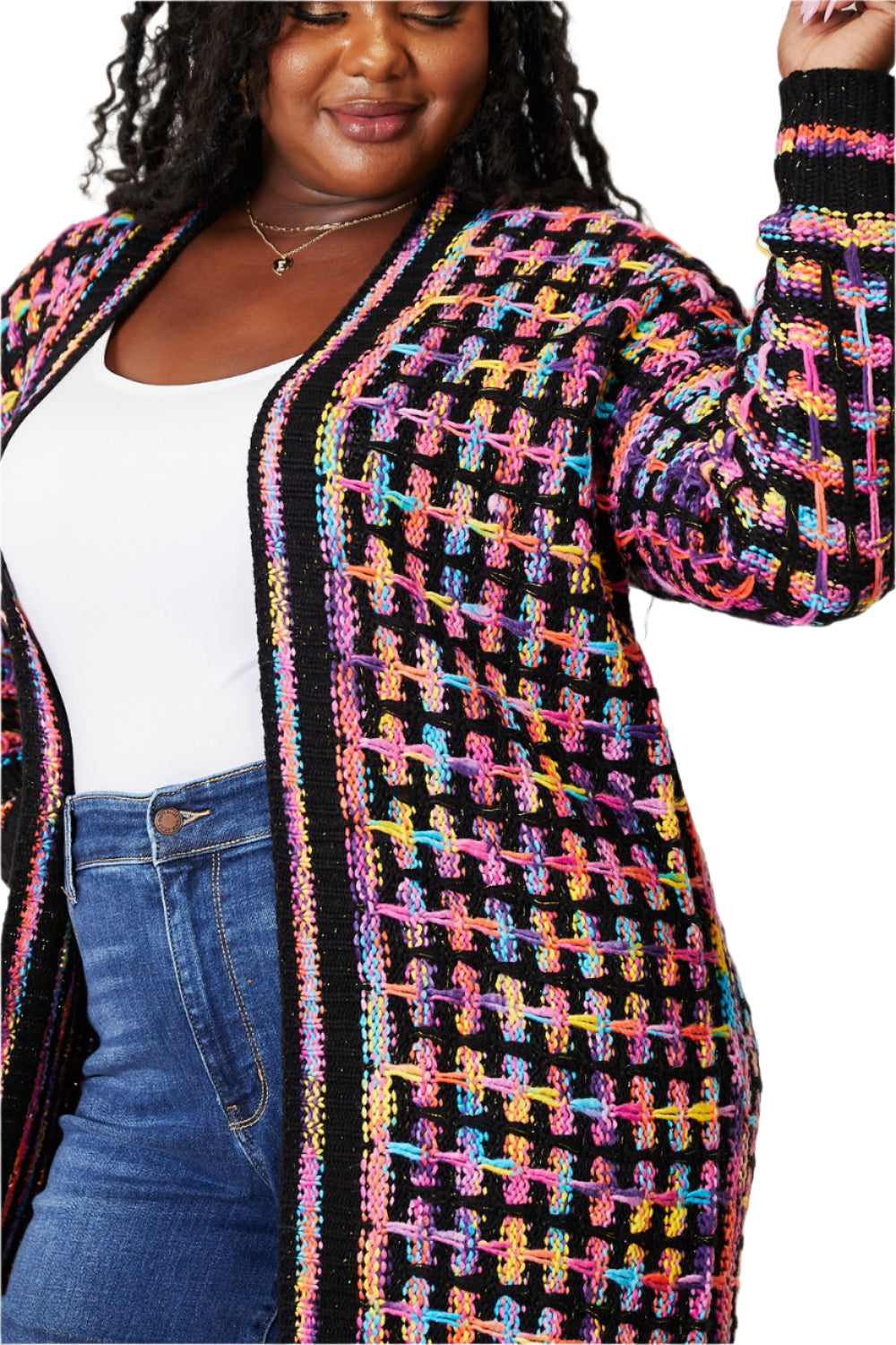 Multicolored Open Front Fringe Hem Cardigan