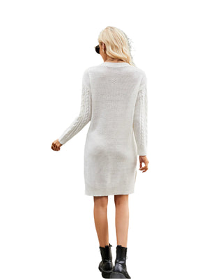 Notched Neck Cable-Knit Slit Sweater Dress