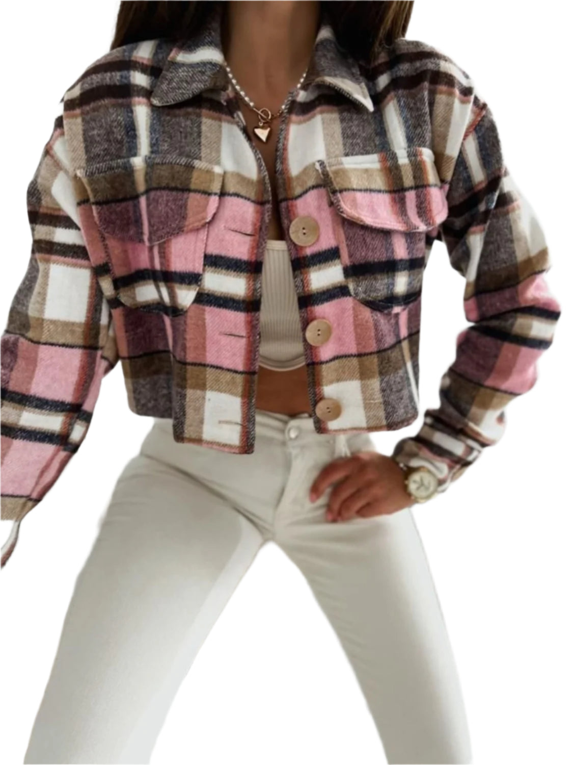 Pocketed Collared Neck Long Sleeve Plaid Jacket