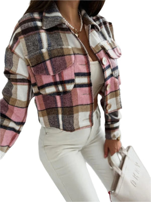 Pocketed Collared Neck Long Sleeve Plaid Jacket