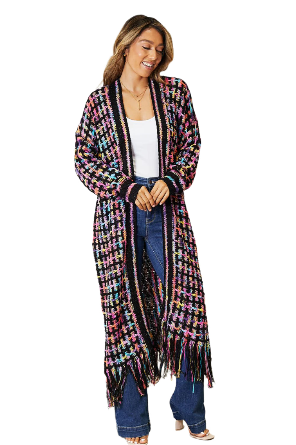 Multicolored Open Front Fringe Hem Cardigan