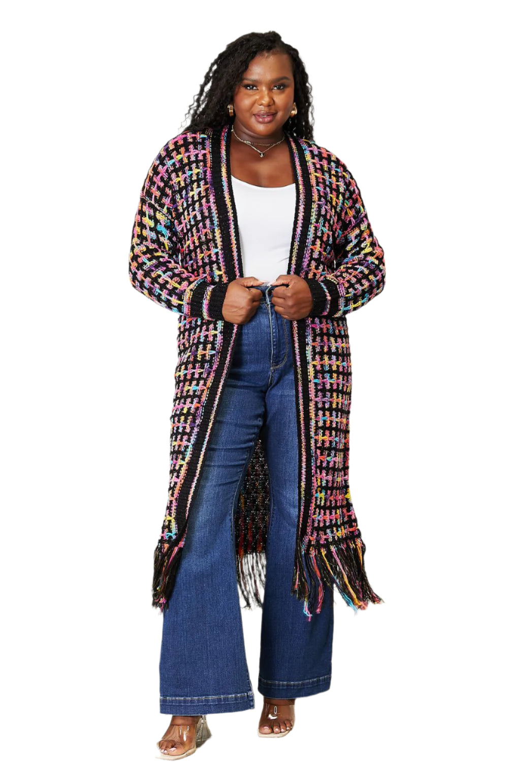 Multicolored Open Front Fringe Hem Cardigan