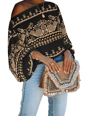 Printed One Shoulder Long Sleeve Blouse