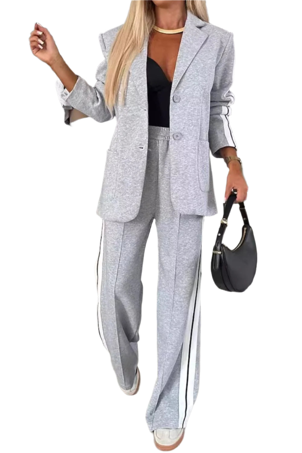 Contrast Lapel Collar Top and Pants Set