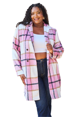 Full Size Plaid Button Up Lapel Collar Coat