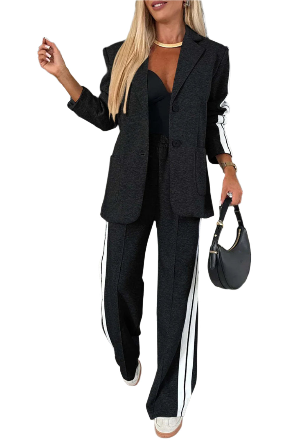 Contrast Lapel Collar Top and Pants Set