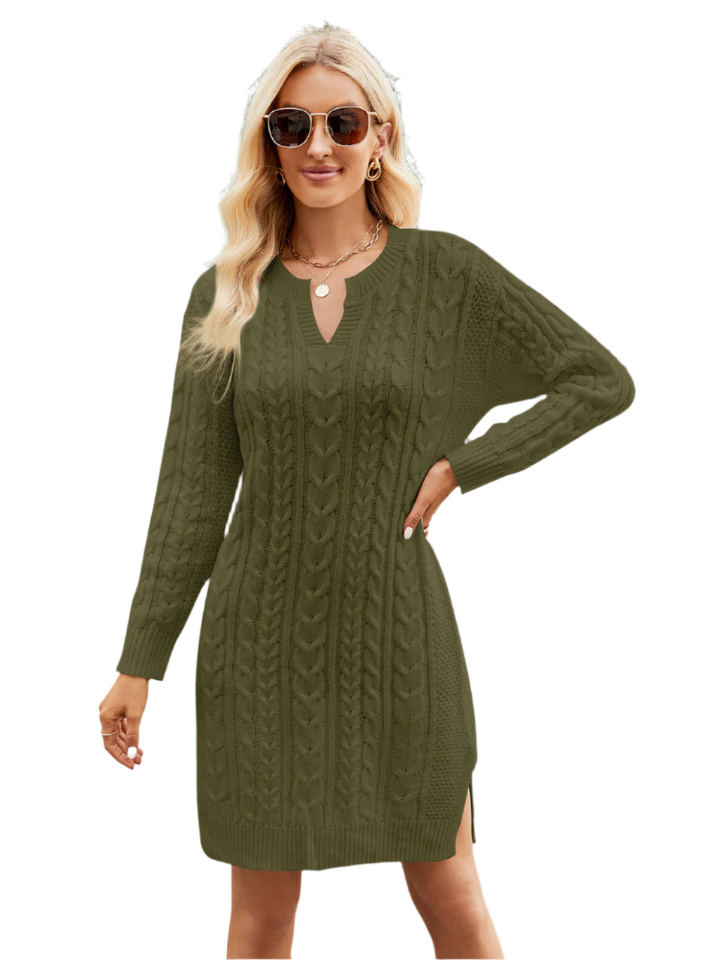 Notched Neck Cable-Knit Slit Sweater Dress