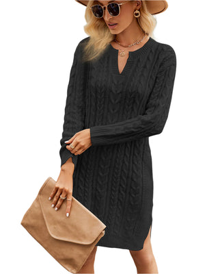 Notched Neck Cable-Knit Slit Sweater Dress