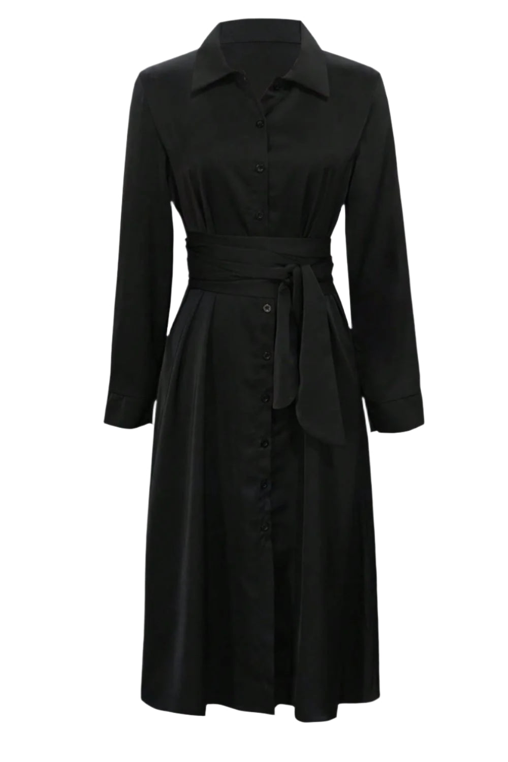 Collared Neck Long Sleeve Midi Shirt Dress