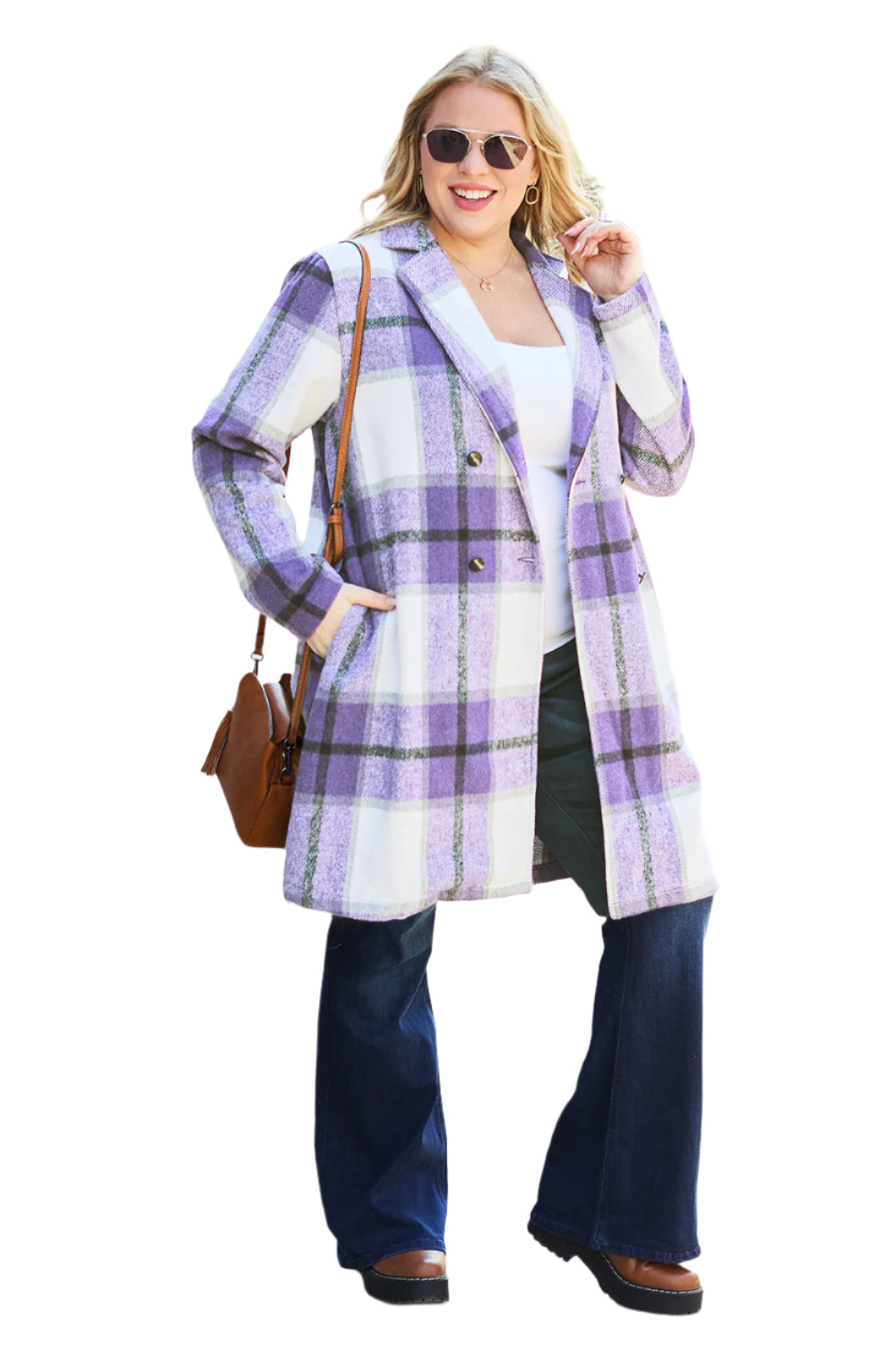 Full Size Plaid Button Up Lapel Collar Coat