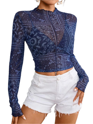 Paisley Mock Neck Long Sleeve Sheer Top