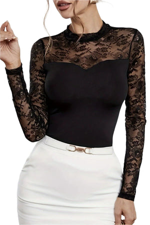 Lace Patchwork Mock Neck Long Sleeve Blouse