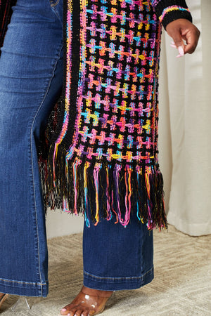 Multicolored Open Front Fringe Hem Cardigan