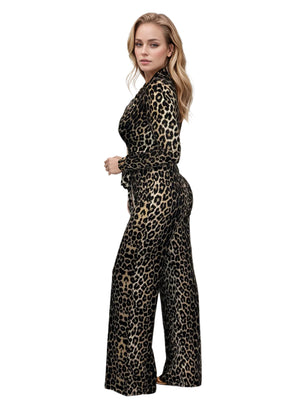 Leopard Tie Waist Long Sleeve Jumpsuit Plus Size