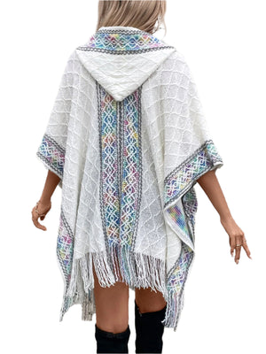 Fringe Half Sleeve Hooded Poncho