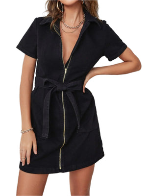 Zip Up Short Sleeve Denim Dress