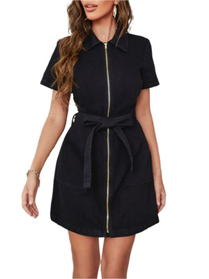 Zip Up Short Sleeve Denim Dress