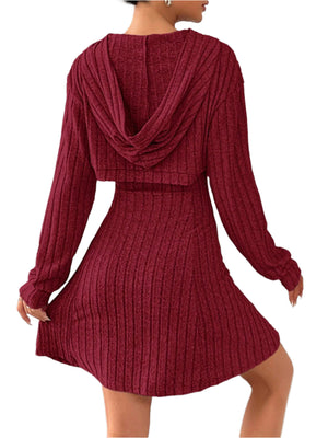 Wide Strap Dress and Long Sleeve Hooded Top Set