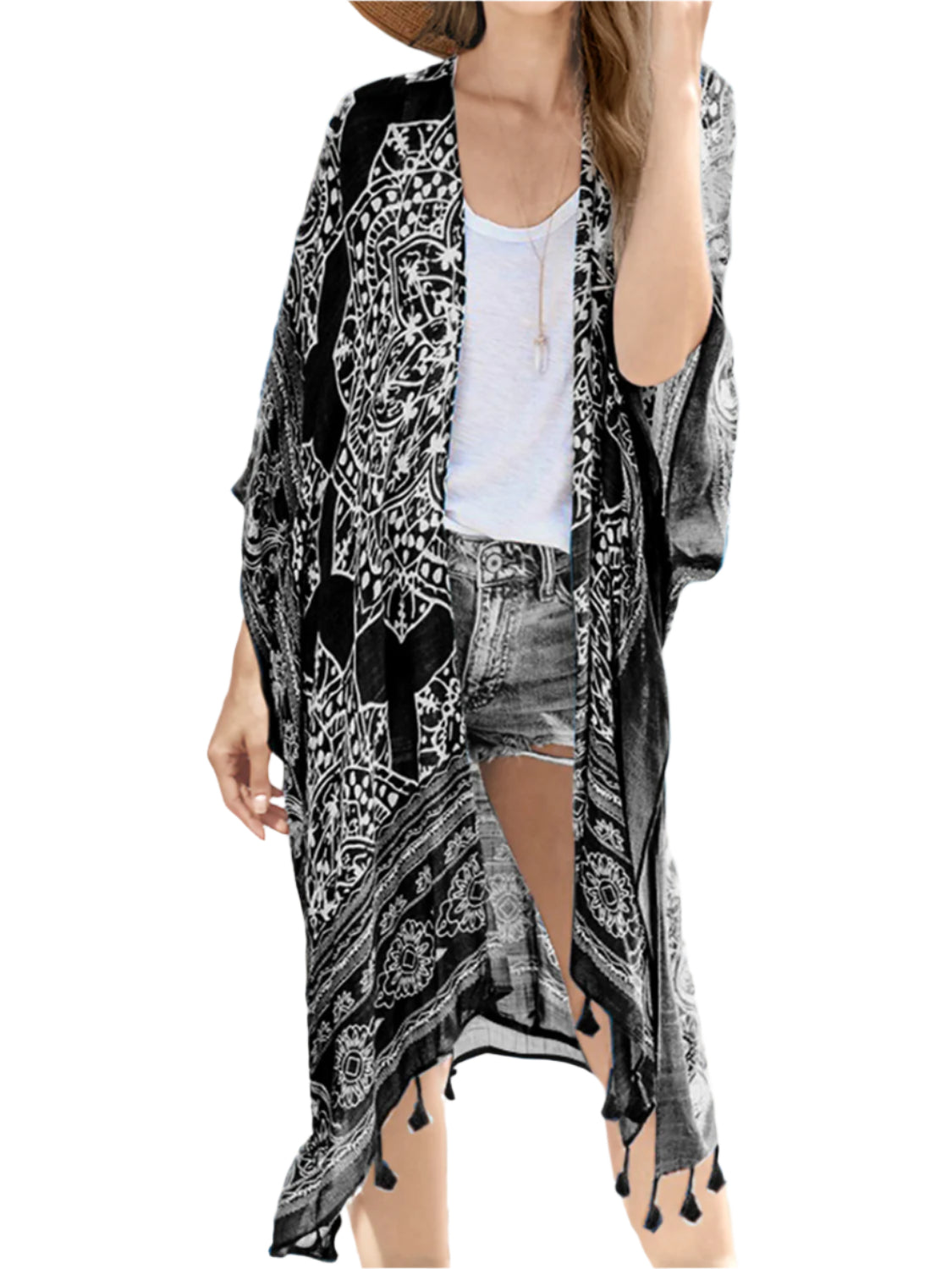 Tassel Printed Open Front Cardigan