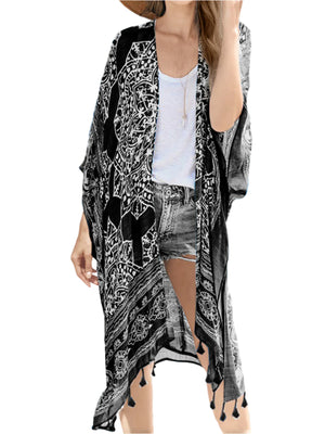 Tassel Printed Open Front Cardigan