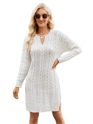 Notched Neck Cable-Knit Slit Sweater Dress