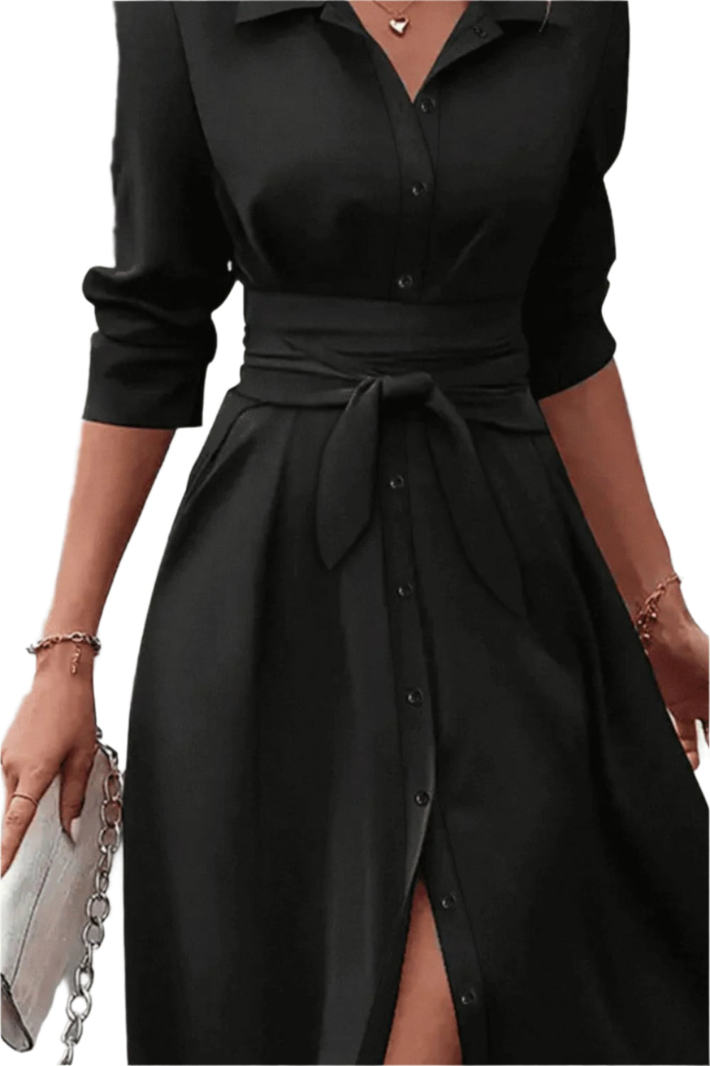 Collared Neck Long Sleeve Midi Shirt Dress