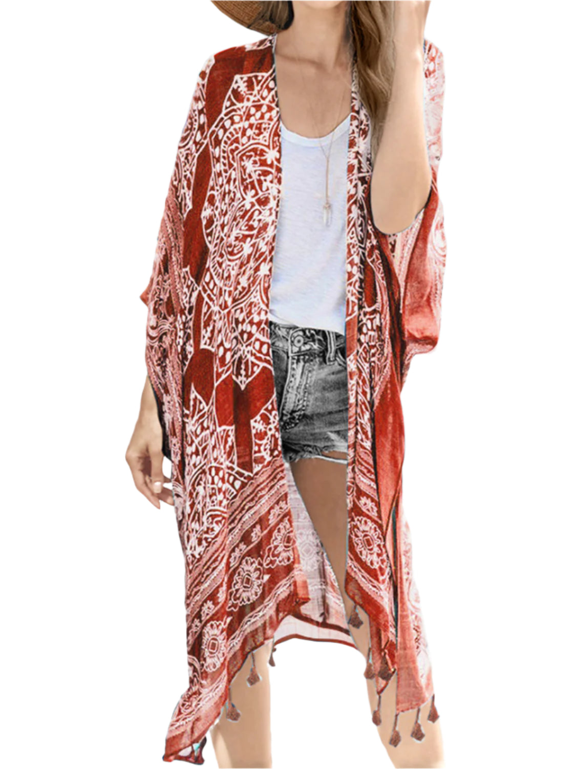 Tassel Printed Open Front Cardigan