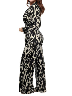 Leopard Tie Waist Long Sleeve Jumpsuit Plus Size